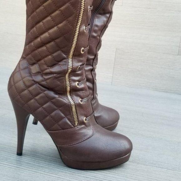 Brown Quilt Knee High Platform Boots - Picture 11 of 11